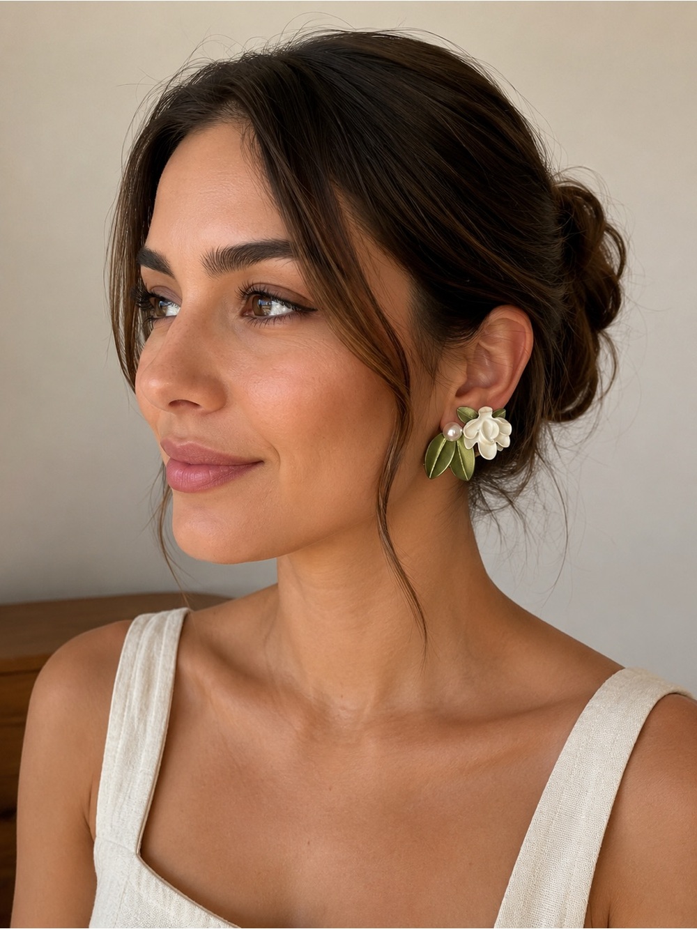 Floral Cluster Stud Earrings in Green & White